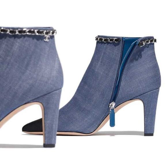 Chanel 20C Blue Denim Fabric Black Chain CC Logo Short Ankle Heel Boot Bootie 39 - Picture 7 of 11